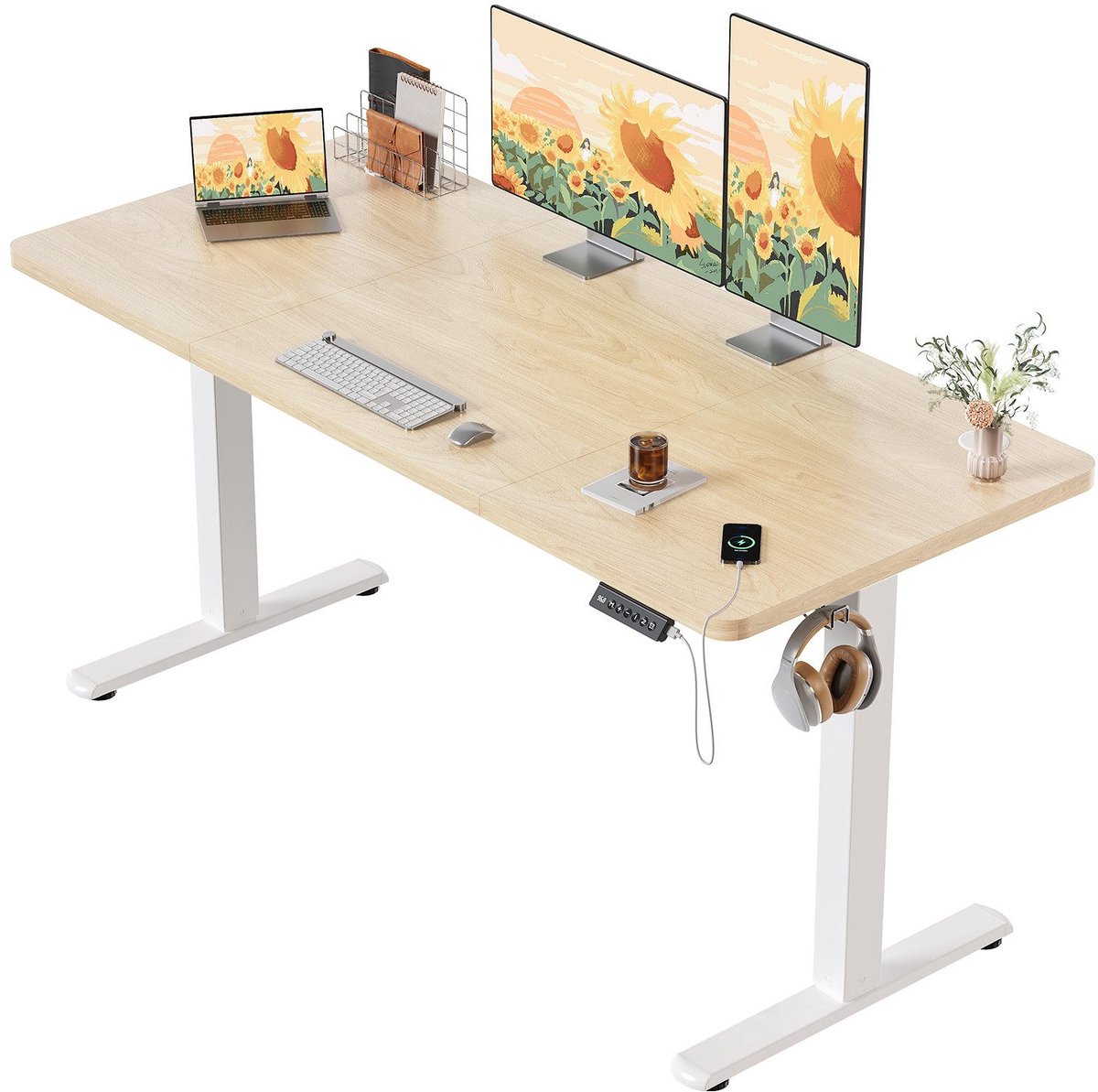 Devoko Elektrisch Verstelbaar Zit-Sta Bureau 140x60 cm Breed – Hoogte 73–118 cm – 2 Geheugenstanden, Zit-Herinnering, LED-Display en USB – Draagvermogen 70 kg – Beige