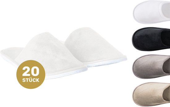 Set van 20 witte Lavea hotelslippers met een velours afwerking. Verkrijgbaar in wit, zwart, grijs en beige.