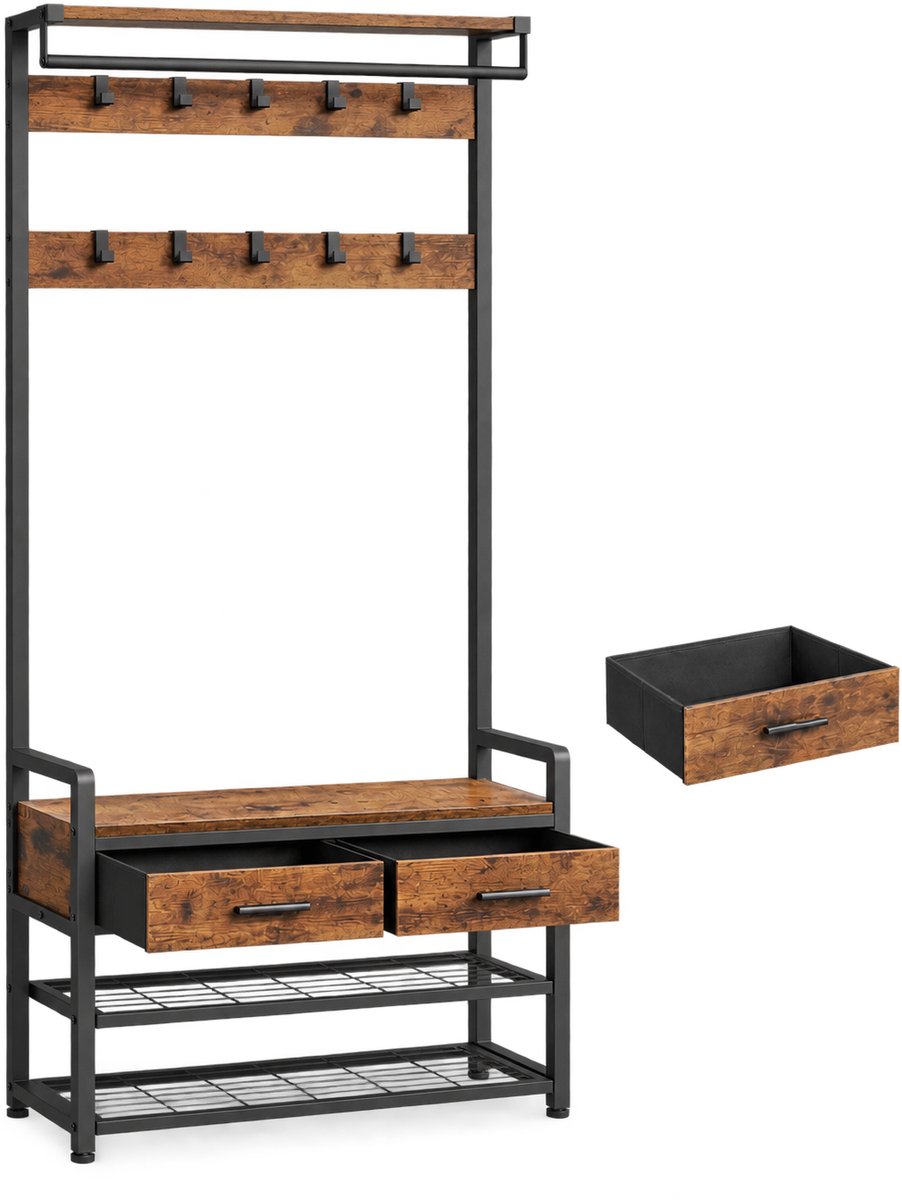 MokoHub Kapstok met Schoenenbank - Uit Elkaar Haalbaar - 2-in-1 Ontwerp - 30x80.4x181.6 cm - Zwart & Bruin