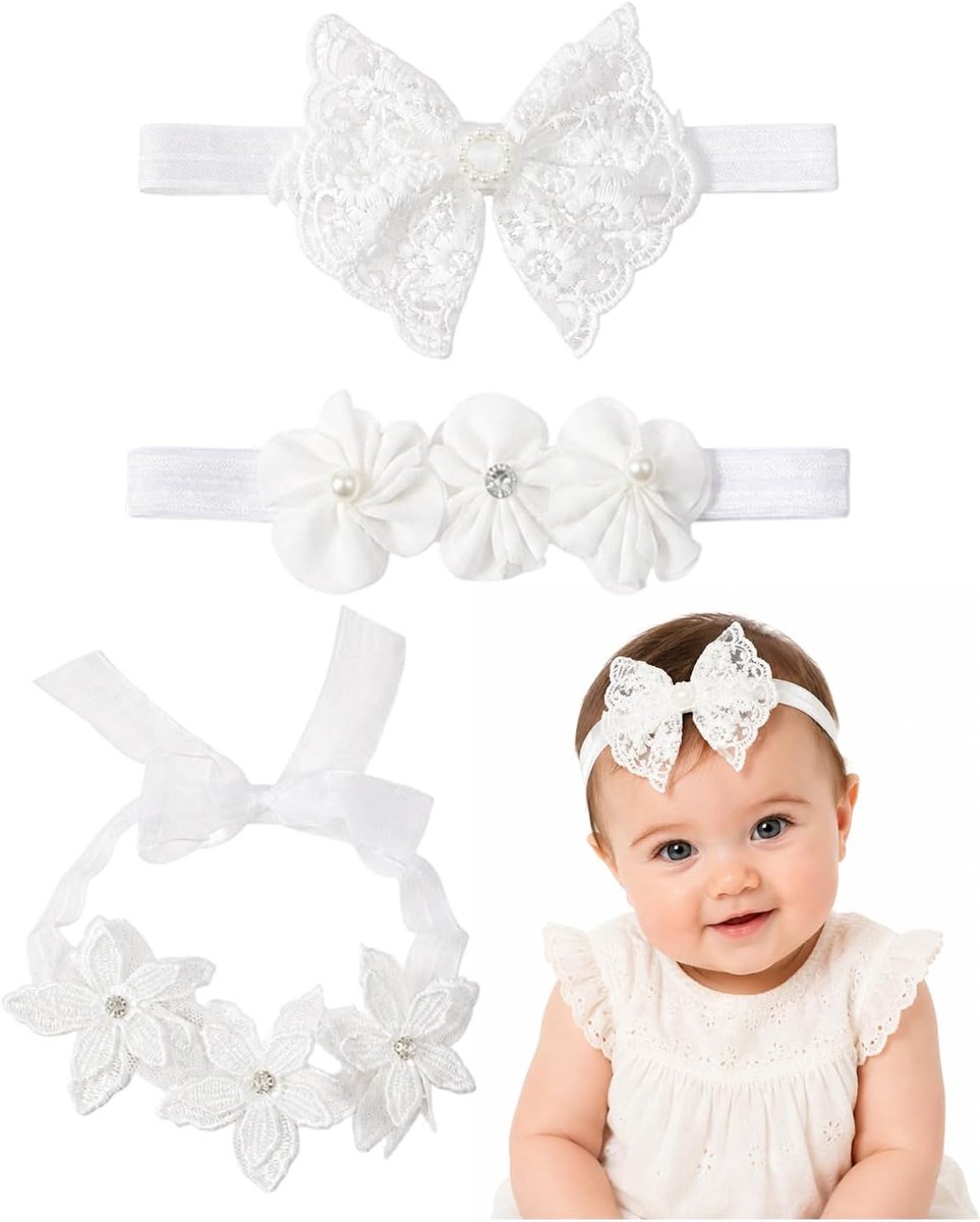 Babyhoofdband voor meisjes, verpakking van 3 delicate kant, huidvriendelijke haarband, rekbaar en drukvast, zachte grip op het gevoelige hoofd voor langdurig draagcomfort