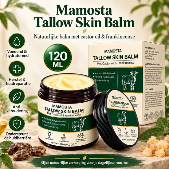 Pot Mamosta Tallow Skin Balm, 120ml, met afbeeldingen van ingrediënten.