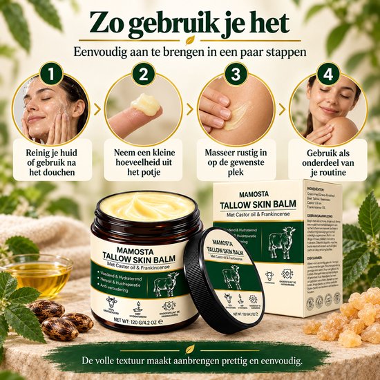 Vier stappen om Mamosta Tallow Skin Balm te gebruiken, met product en ingrediënten.