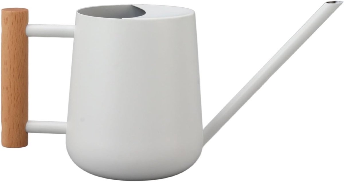 Gieter voor buiten, 900 ml lange uitloop gieter roestvrij staal gieter indoor plant gieter kleine gieter met houten handvat voor buiten (wit)