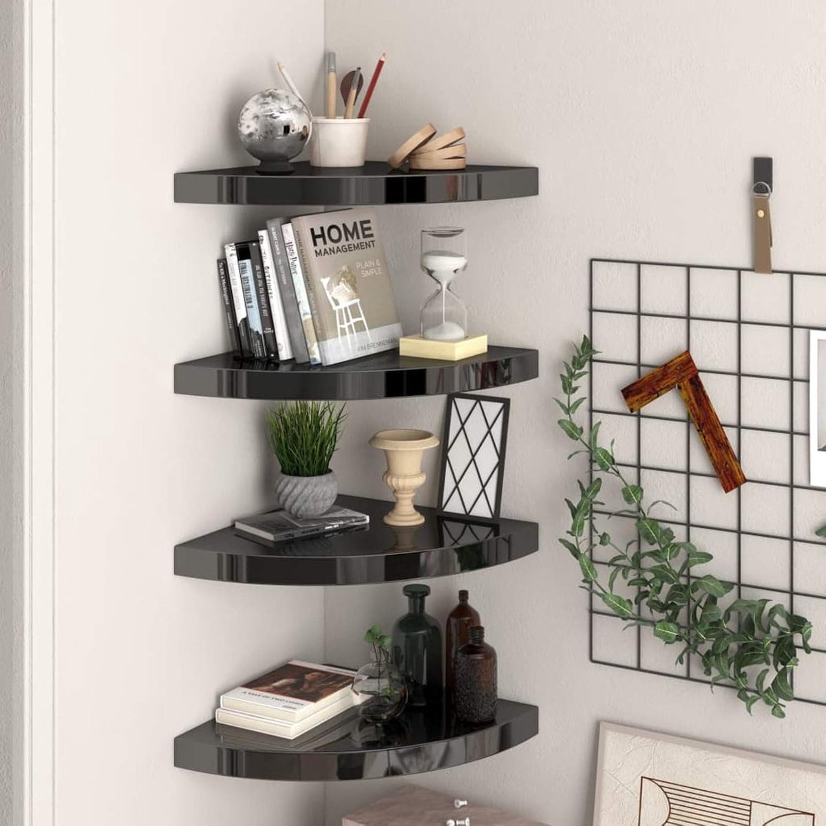 Zwevende hoekplank, hoekplank, zwevende plank, wandplank, boekenplank, decoratief rek voor woonkamer, slaapkamer, badkamer, hoogglanzend zwart, 35 x 35 x 3,8 cm, MDF