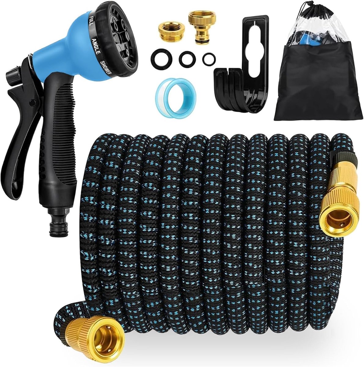 Tuinslang, 7,5 m, met latexkern, uittrekbare tuinslang met 8 functionele sproeiers en messing aansluitingen 1/2 inch en 3/4 inch, pistool tuinslang voor tuinieren