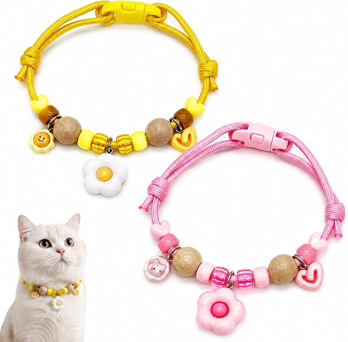 Kattenhalsband met bloem, zachte polyester halsband voor katten met kralen, verstelbaar 20-30 cm, veiligheidssluiting, betoverende kattenhalsband voor kittens, cadeau voor kattenliefhebbers