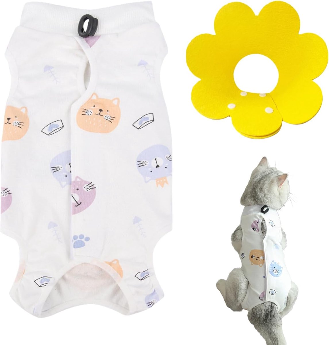 1 x beschermende kleding voor katten en 1 gele anti-lek-halsband voor huisdieren, eendelig voor katten, huisdieraccessoires, zachte en comfortabele huisdierkleding, verstelbare halsband voor