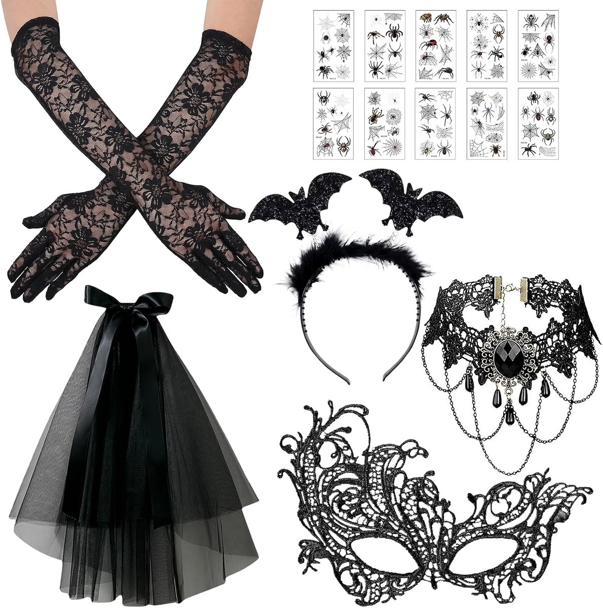 Halloween kostuum dames, Halloween gothic kostuum accessoires, vampier spin vleermuis haarbanden, sexy kanten maskerade masker, Venetiaanse maskers, mond tattoostickers voor carnaval