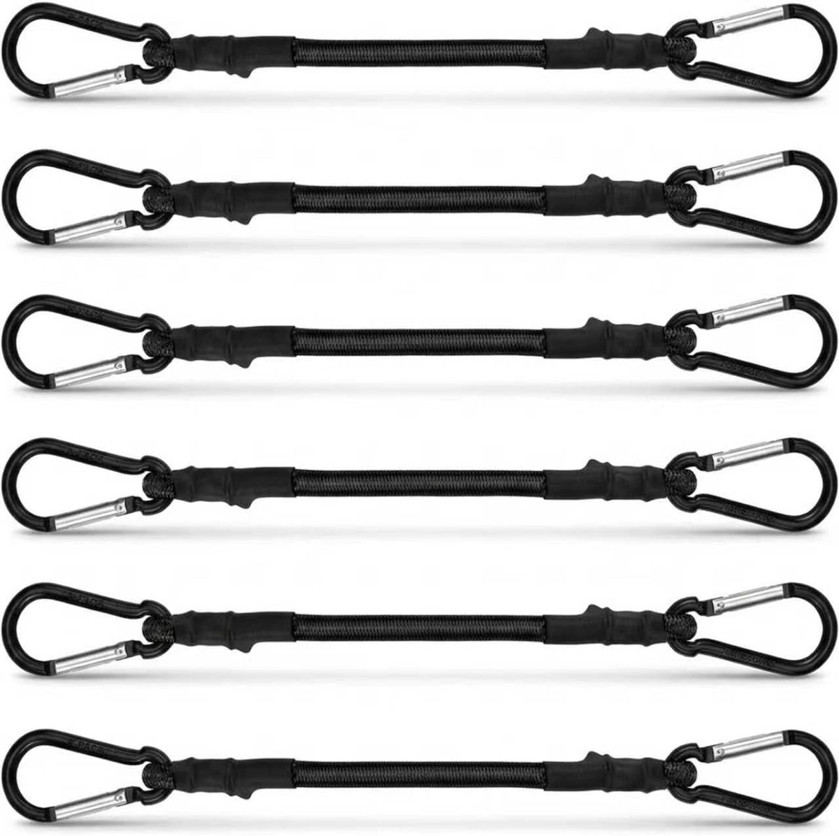 Spanrubber met haken, expander met haken, spanrubber met karabijnhaak, zwart, set van 6, multifunctionele rubberen spanbanden voor bagage, camping, voor zonnezeil, zeil, tuin, fiets, auto (2 x 50-2 x