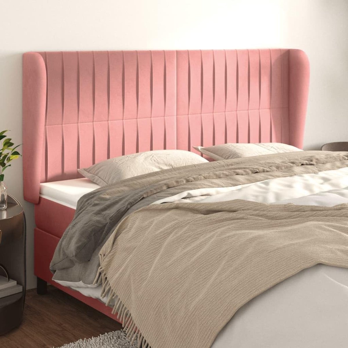 Hoofdbord met oren, roze, 163 x 23 x 118/128 cm, fluweel, voor de slaapkamer, hotel, hoofdeinde, werkkamer, voor slaapkamer, tweede slaapkamer, hotel