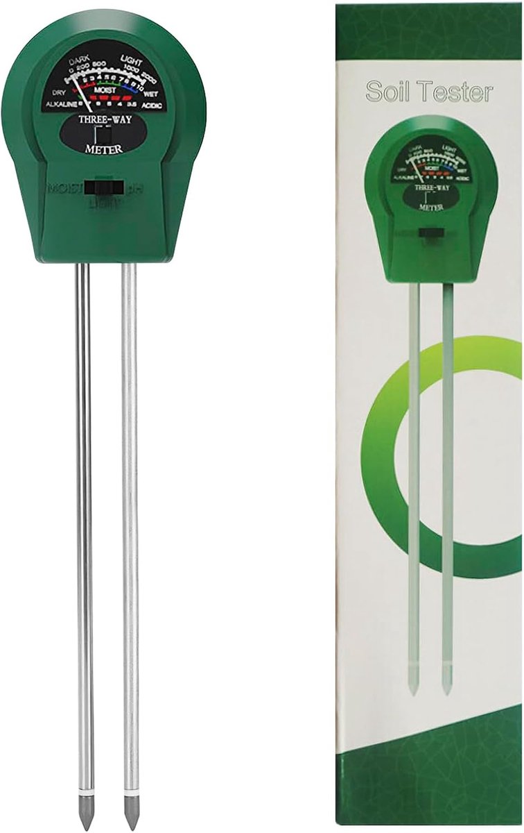 Bodem PH-meter en Bodemvochtigheidsmeter, 3-in-1 Grondtester voor Tuin/Kamerplanten, Groene Plantensensor met Vocht & Zuurtegraad Analyse, 255x60x35mm Compact (80g)