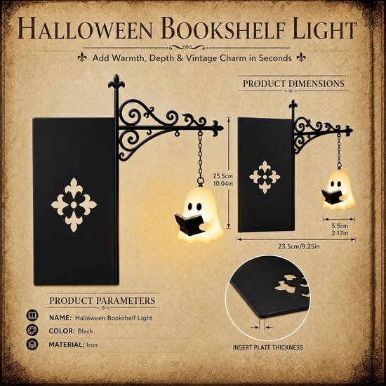 KZQ Boekenplank Lamp - 2 Stuks - Halloween Decoratie - Nachtlamp - Leeslamp - Vintage Lantaarn - Met Spook & Pompoen - Warm LED Licht - Op Batterijen - Voor Boekenkast Slaapkamer - Zwart van KZQ — afbeelding 5