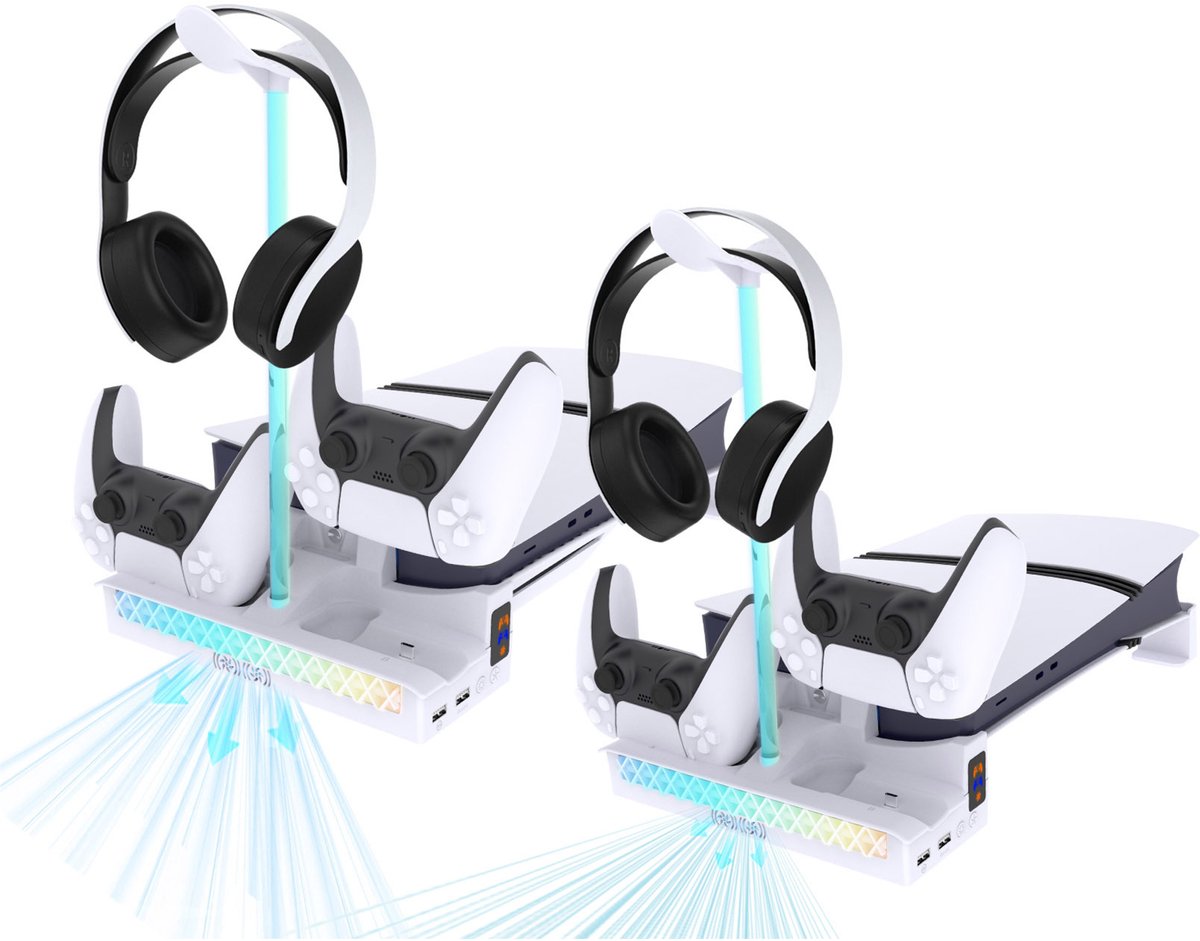 NAXSIR Horizontale standaard voor PS5 Pro/PS5 Slim met koelventilator, Dual-DualSense-laadstation, RGB-lichteffecten & koptelefoonhouder thumbnail 4