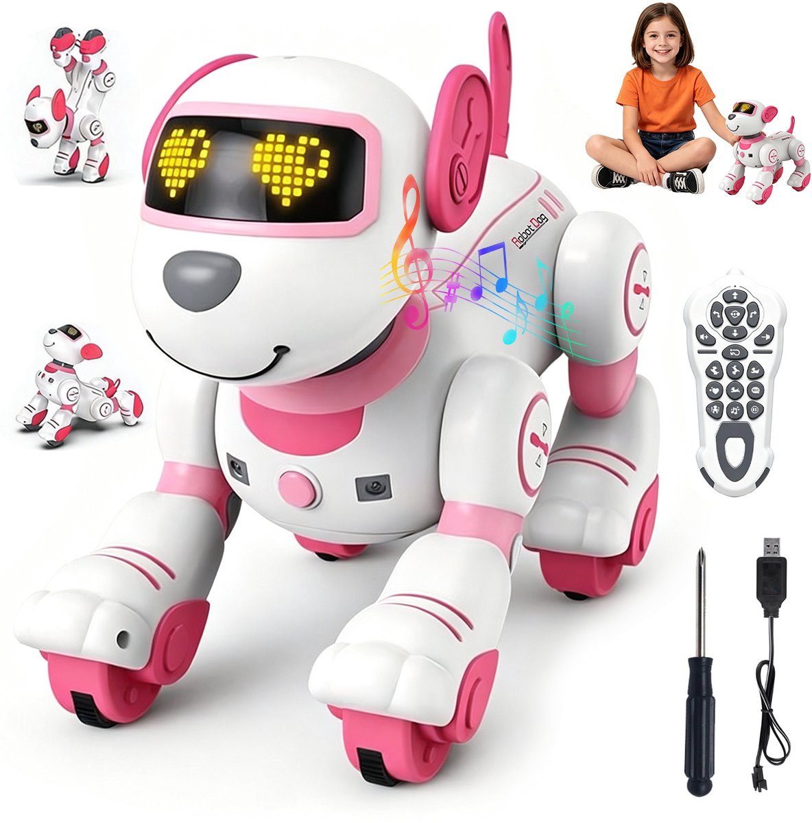 Slimme Robot Hond RC - Robothond Interactieve Speelgoed - Intelligente Speelgoedrobot - Aanraakbediening - 17 Actiemodi - Muziek & Dans - STEM - Afstandsbediening - 3-12 Jaar - Voor Jongens & Meisjes - Roze/Wit