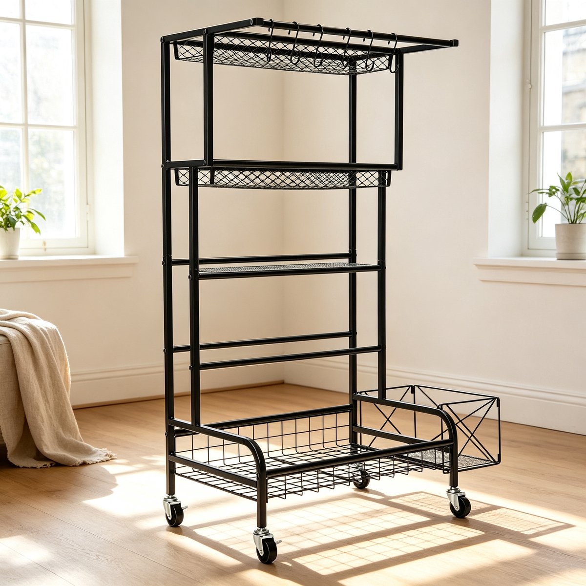 Opbergrek met 4 Etages en Wielen – Metalen Rek van Carbon Staal – 59 × 40 × 113 cm – Zwart – Ruimtebesparend – Met Haken