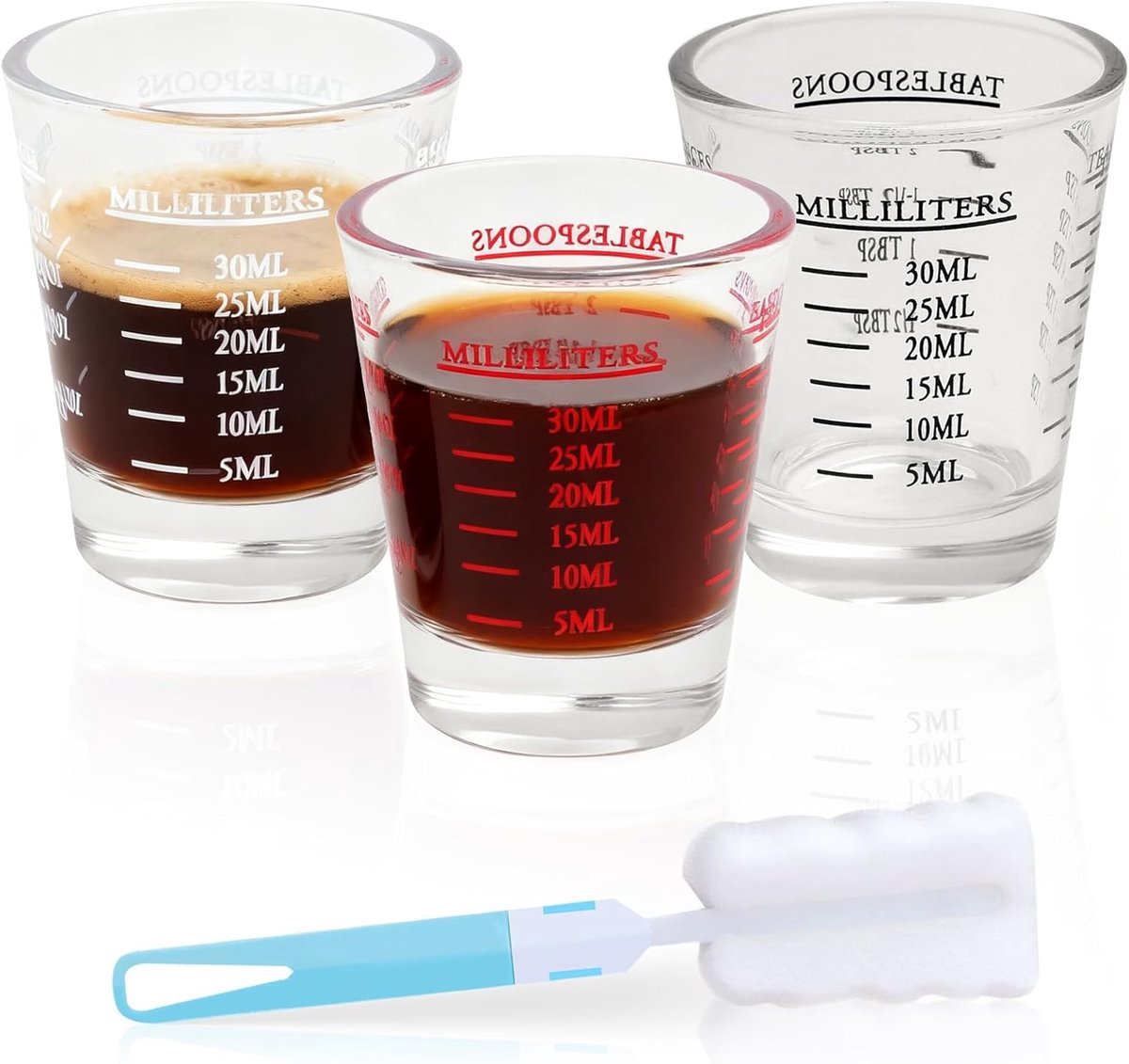 30ml Shot Glazen Maatbeker Kleine 3er Set, Espresso Shotglas met Meetmethoden, Borstel, Vloeibare Maatbeker voor Cocktail, Wodka, Whisky,Tequila, Koffie (Zwart, Wit, Rood)