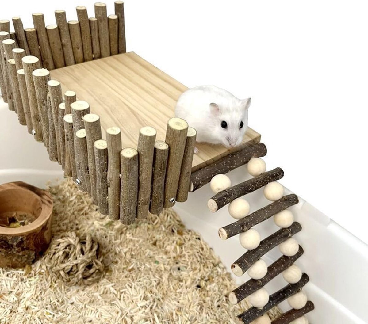 Platform met ladder, Hamster gouden beer klimspullen houten kleine huisdier speeltuin,speelactiviteitenplatform met hek voor papegaai