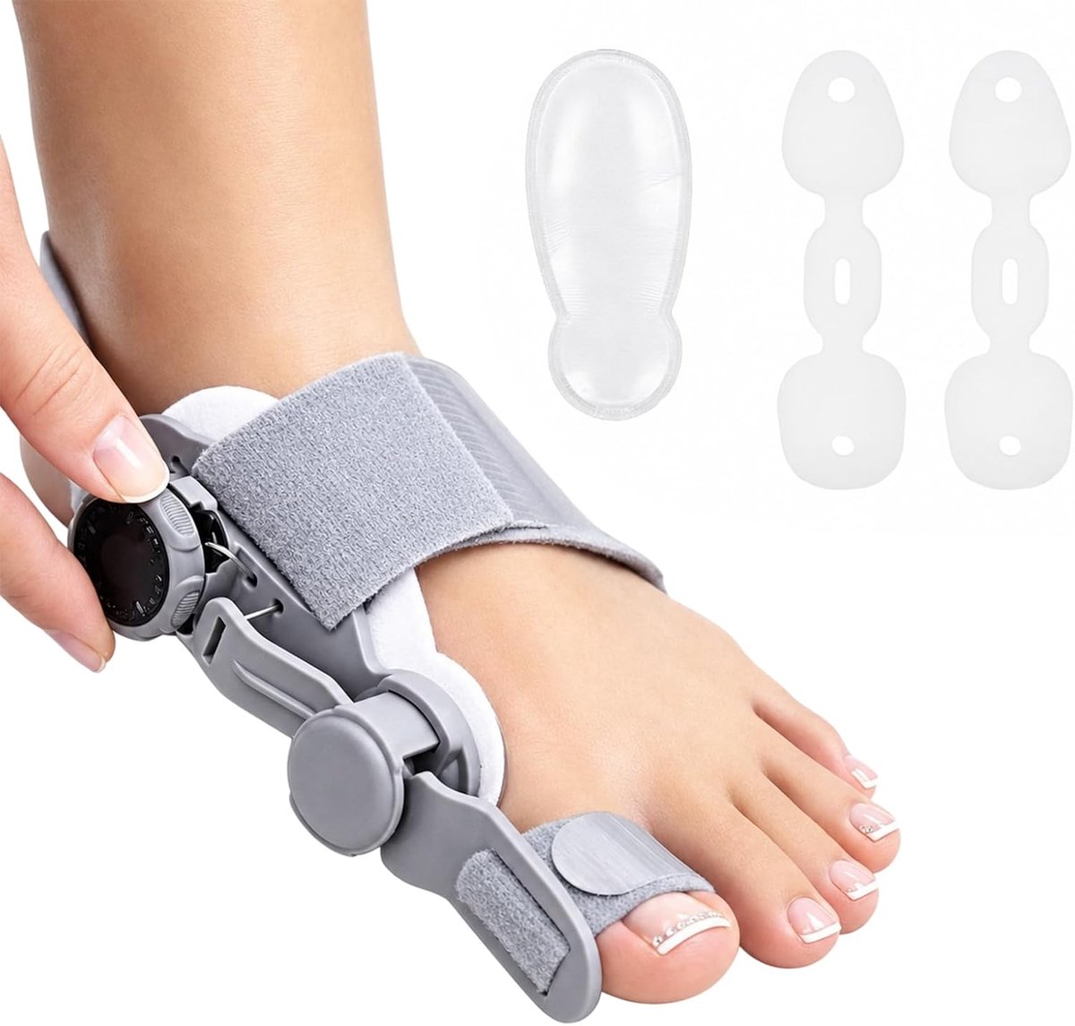 Hallux valgus correctie, hallux valgus teenspreider dames grijs, hallux valgus bandage spalk met draaiknop, hallux spalk voor hamertenen, verstelbare teencorrectie