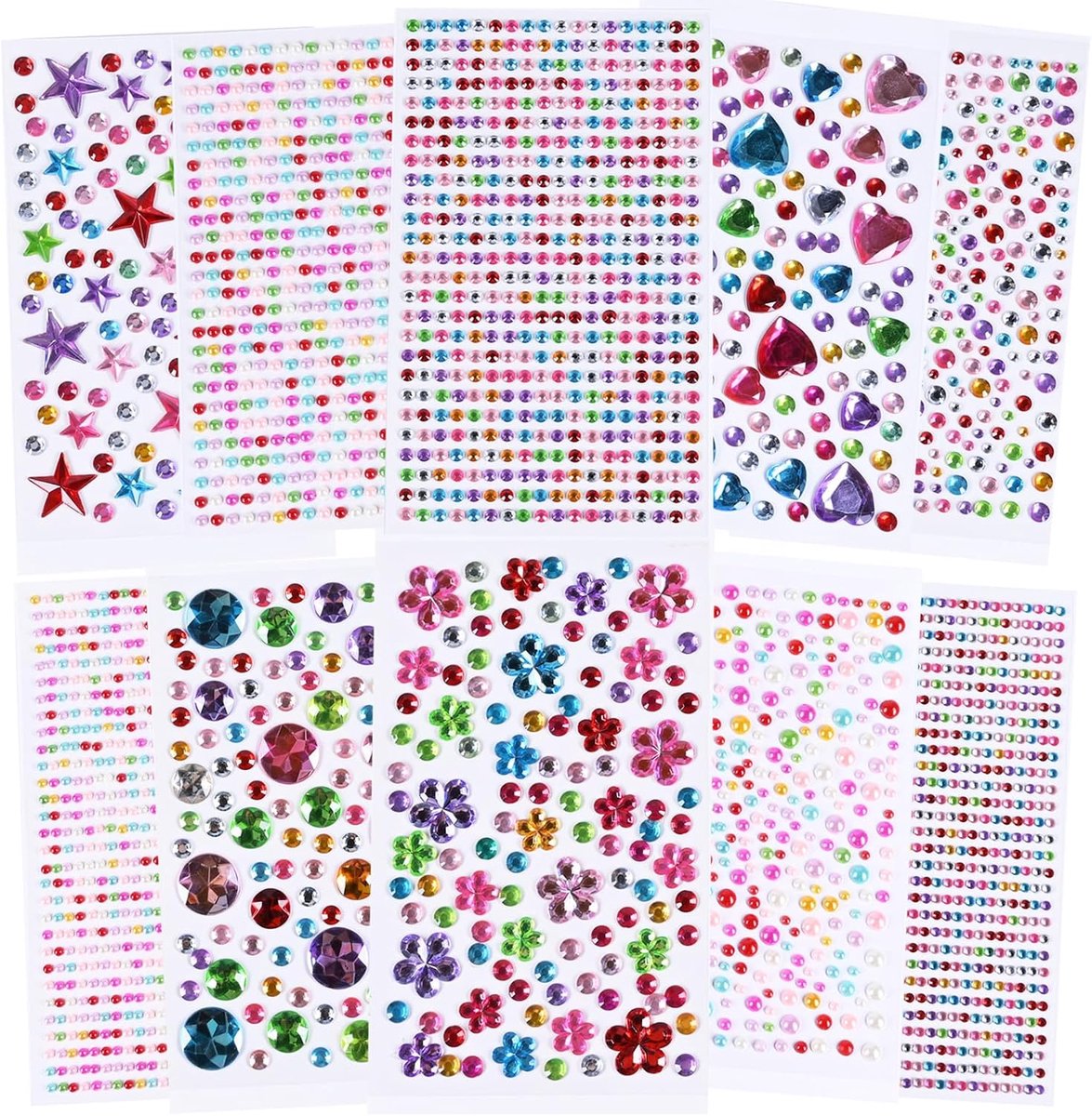 Zelfklevend, 3514 stuks, 10 vellen, kleurrijke strassteentjes, gezicht, glitterstenen om te knutselen, verschillende vormen, glitterstickers, strassteentjes, zelfklevend voor kinderen