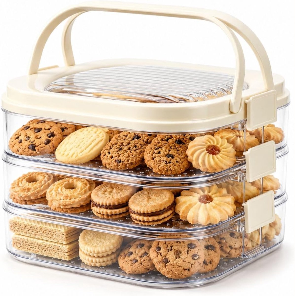 Koekjesdoos met 3 etages, koelkastorganizer met deksel en draaggreep, voorraaddoos 3-laags voor koekjes, gebak, dumplings en vleeswaren, stapelbare koelkastdoos, transparant, crèmewit