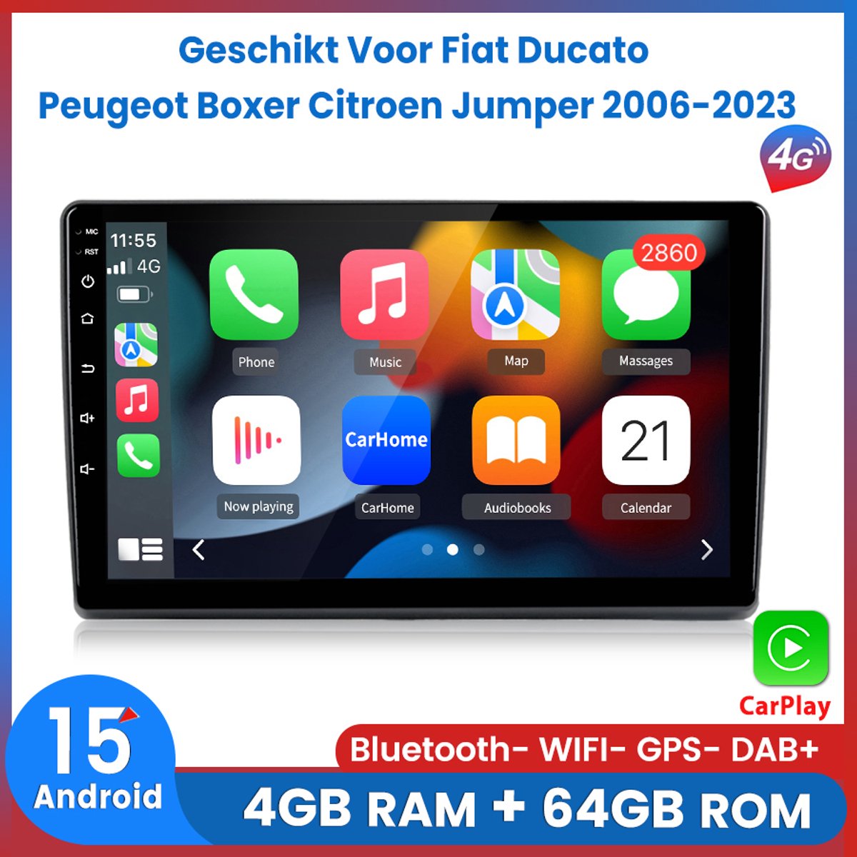 Awesafe 4+64GB 8-Kern V1PRO Autoradio - Geschikt Voor Fiat Ducato Peugeot Boxer Citroen Jumper 2006 t/m 2023 - Android 15.0 Systeem - Draadloos Apple Carplay & Android auto - GPS Navigatie Bluetooth 4G WIFI - Ondersteuning invoegen 4G SIM