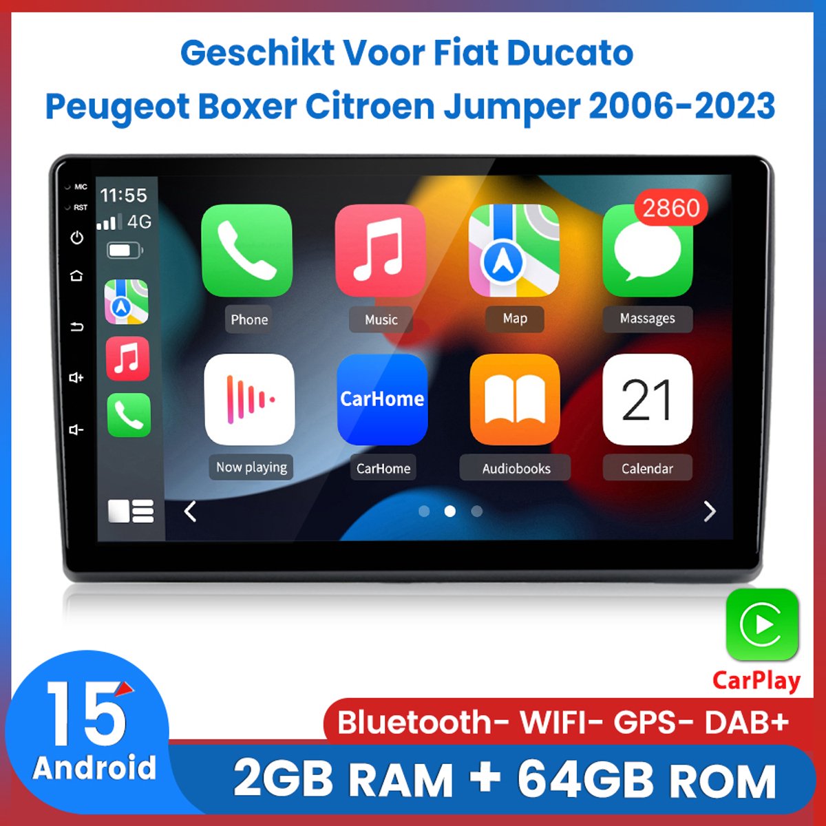 Awesafe Android 15.0 Autoradio - Geschikt Voor Fiat Ducato Peugeot Boxer Citroen Jumper 2006 t/m 2023 - Draadloos Apple Carplay Android Auto - GPS Navigatiesysteem Bluetooth RDS Wifi FM SWC - Ram 2GB + Rom 64GB