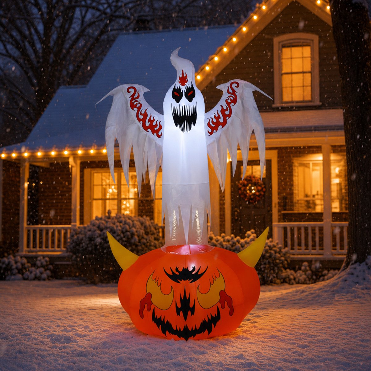 Opblaasbare Halloween-geest boven pompoen - 240 cm hoog - met witte LED-verlichting - Halloween-decoratie voor tuin & buiten - incl. grondpennen