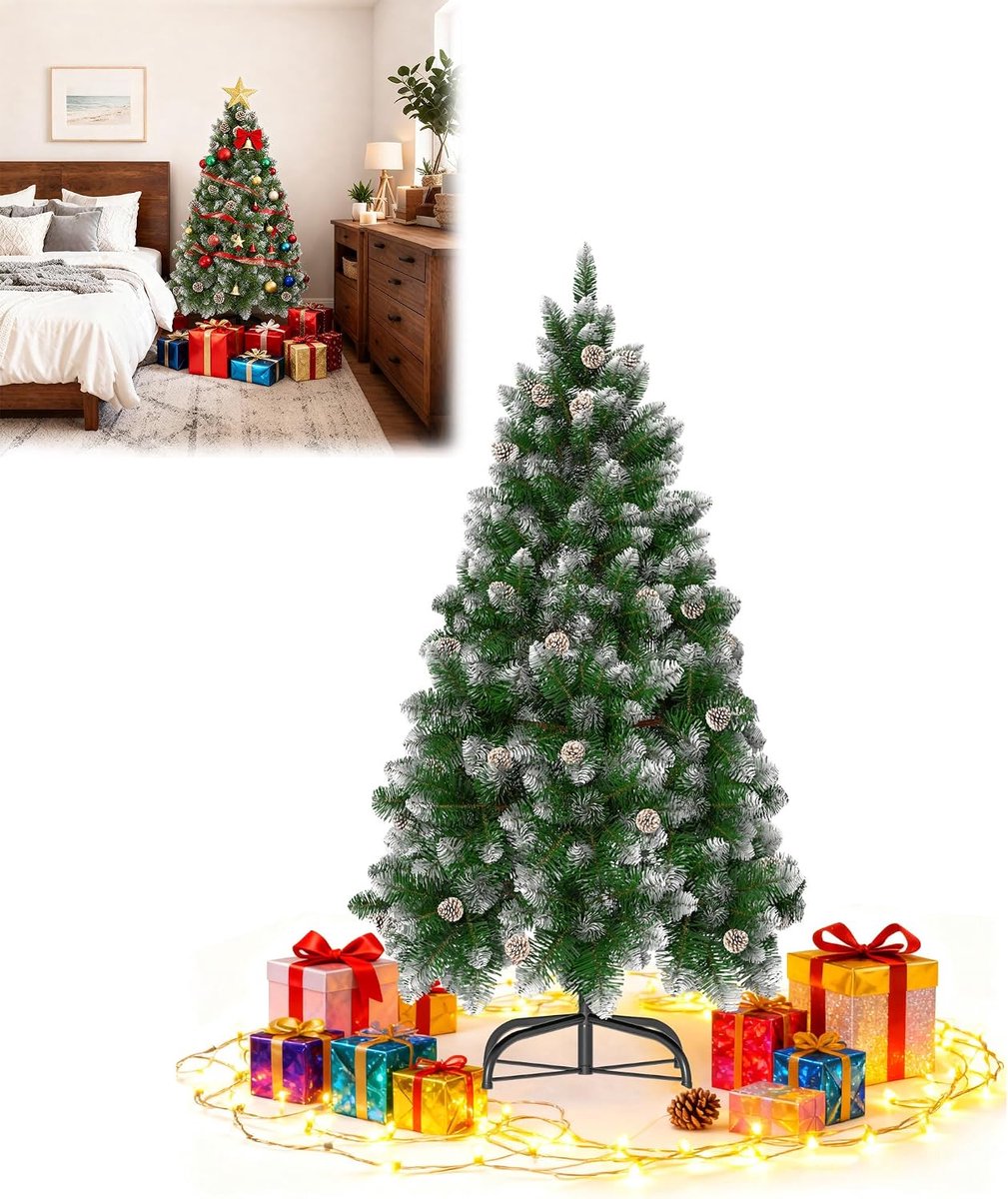 Kunstkerstboom, 150 cm, dennenboom, groen pvc met sneeuweffect, kerstboom van pvc, kerstdecoratie voor thuis, kantoor, winkels en hotels