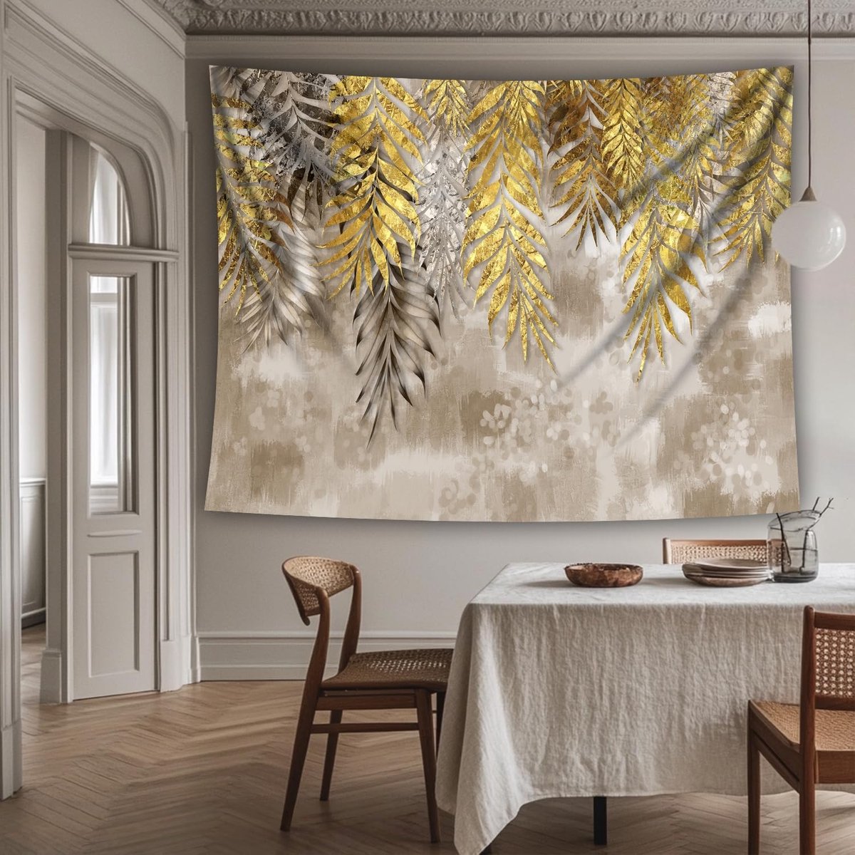Wandtapijt met vintage gouden bladgoud, plantenbladeren, wanddoek, grijs-goud design, esthetisch, voor slaapkamer, woonkamer, bank, achtergrond, decoratie, geel, 200 x 150 cm