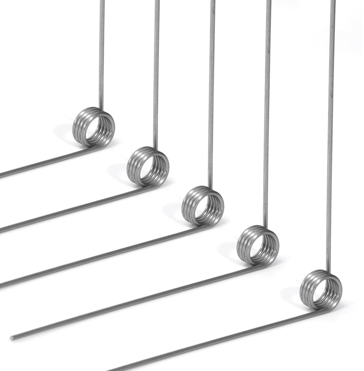 Torsieveren van roestvrij staal draaddiameter 1,0 mm binnendiameter 6 mm armlengte 60 mm hoek 90° 4 omwentelingen links 1,0 x 6 x 60 mm