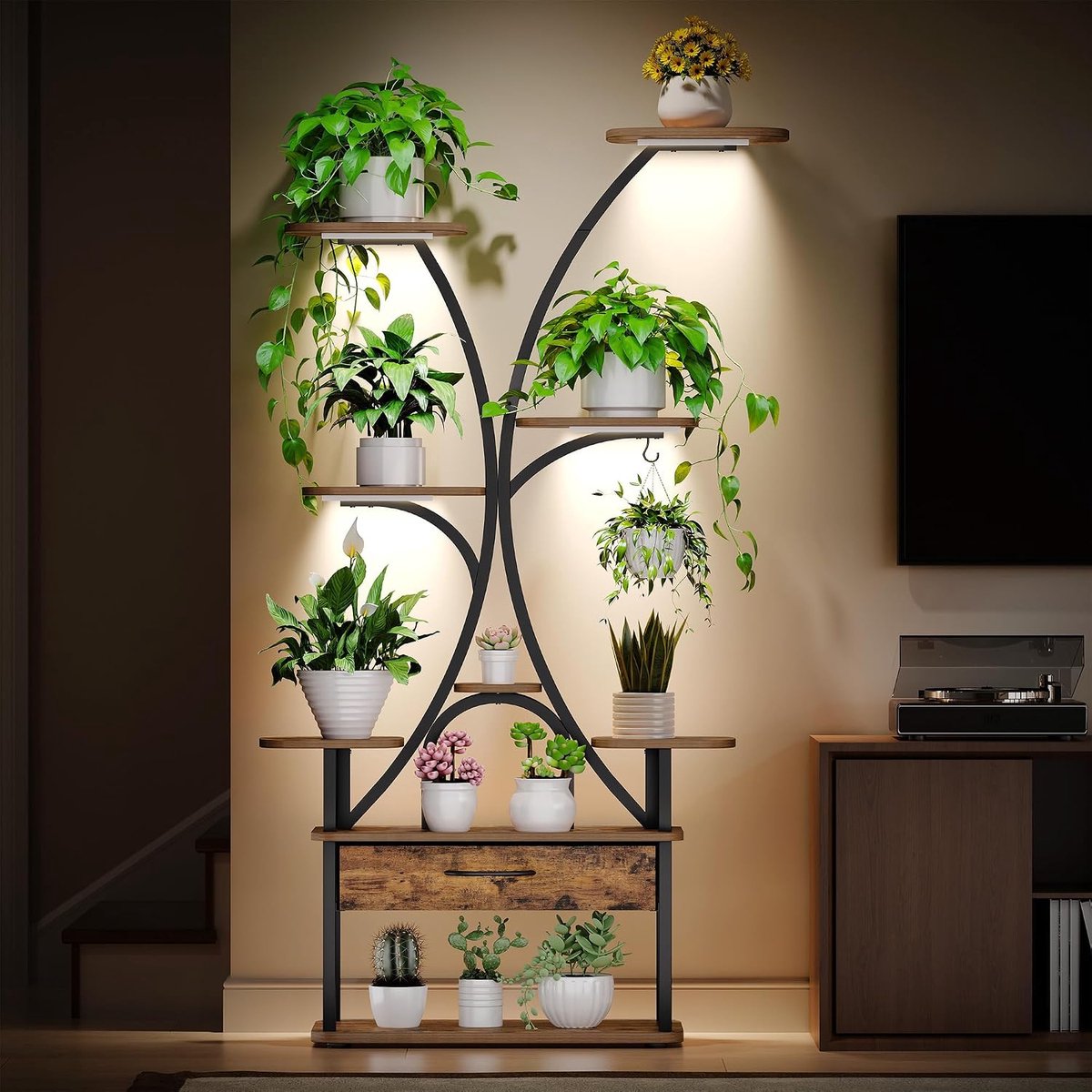 Plantenstandaard met groeilicht, 9 niveaus bloemenstandaard met 4 R-G ledlampen, kleur en timing instelbaar, 164 cm, ideaal voor woonkamer, balkon, tuin, vintage bruin-zwart, PS16001B