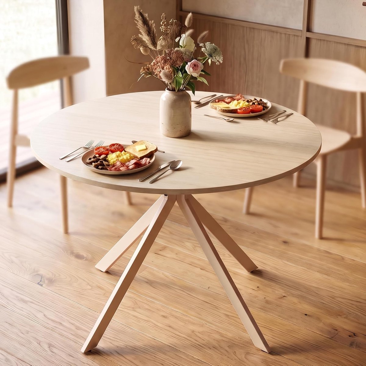 Eettafel Ø 100 cm voor 4 personen, keukentafel met eendelig blad, moderne tafel zonder naden voor eetkamer, travertijn