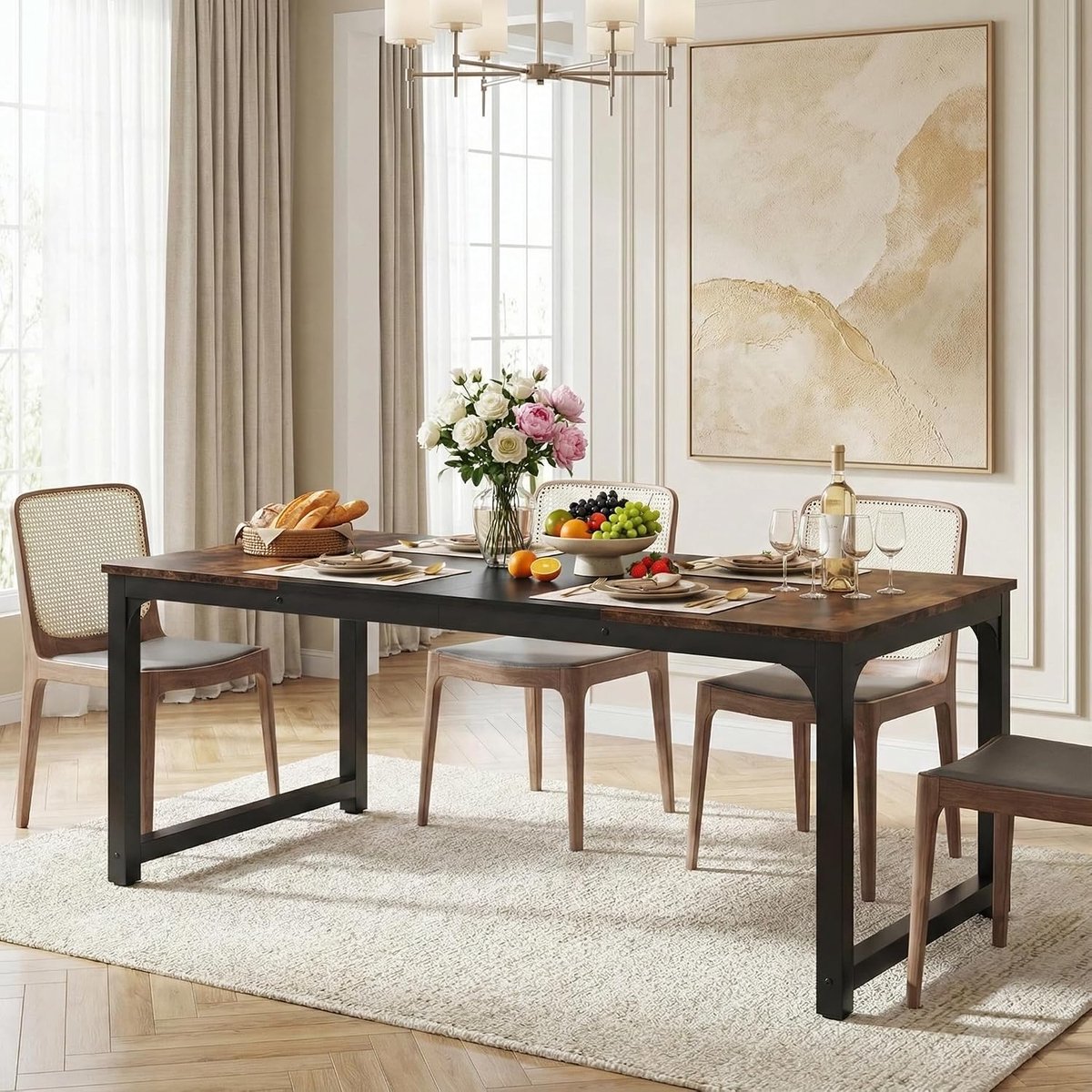 160cm Eettafel, Rechthoekige Eetkamertafel, Industrial Dining Table, Kitchen Dining Table, Large Eettafel, 160 x 80 x 75 cm, Rustic Brown Black