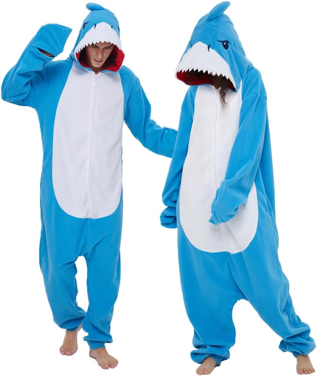 Dieren Haai Pyjama Unisex Volwassen Hooded Mannen Vrouwen Jumpsuit Kostuum Cosplay Nachtkleding, Donkerblauw, L