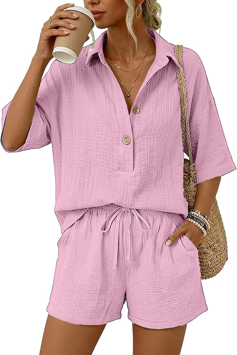 2-delige set voor dames, kort overhemd met kraag en shorts, casual outfit van gekreukte stof met trekkoord, voor zomer, vakantie
