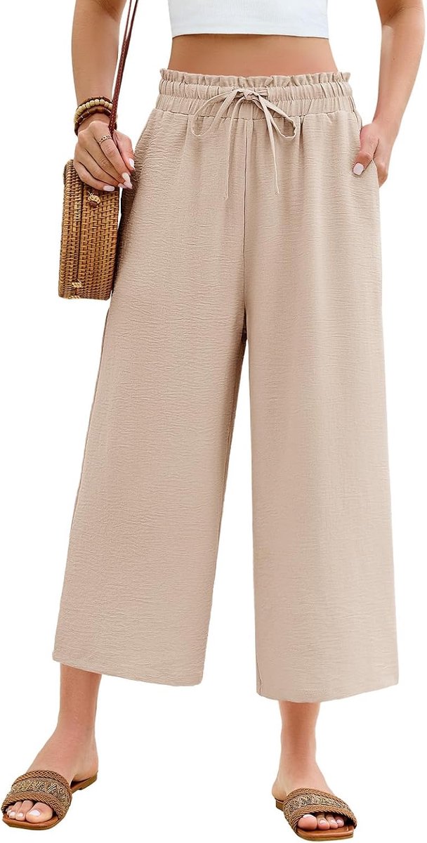 Zomerbroek voor dames, lichte 3/4 culotte broek, zomer, wijde pijpen, vrijetijdsbroek, elastisch, hoge taille, elegante capribroek, losse comfortabele luchtige stoffen broek, casual mousseline