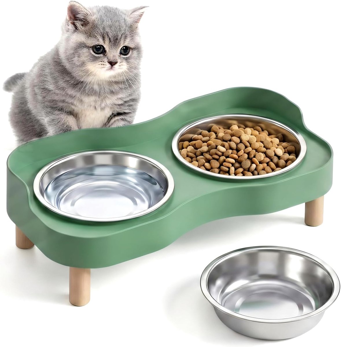 3 x verhoogde kattenbak, dubbele kattenbak, roestvrij staal, kattenbak voor huiskatten en kleine honden, vaatwasmachinebestendig, avocadogroen