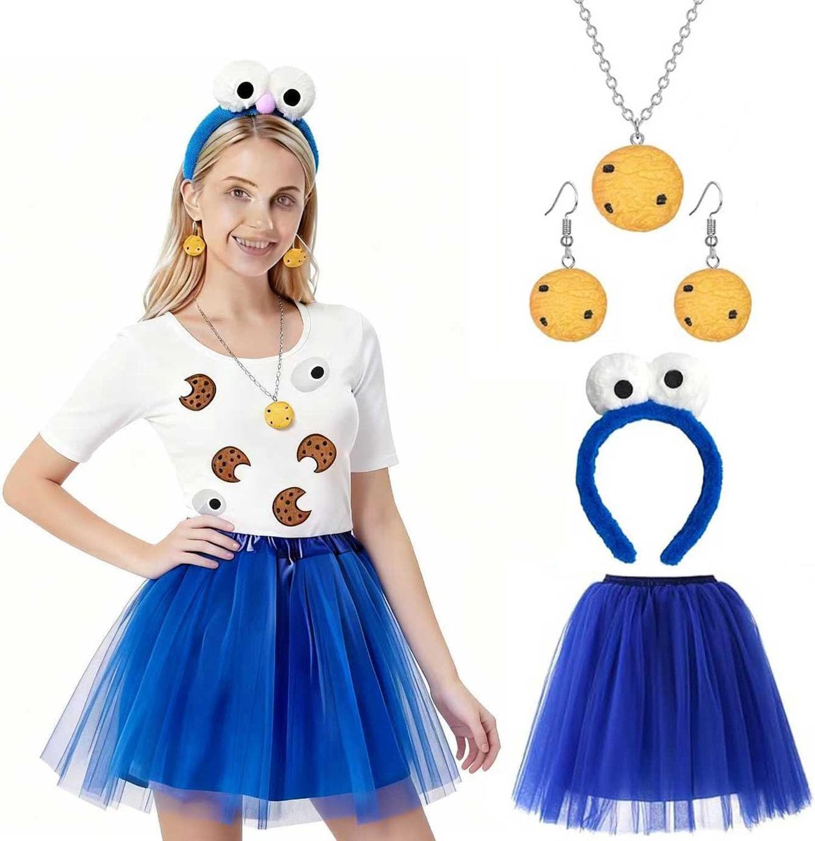 5 stuks, kruimelmonsterkostuum voor dames, met tule rok, kruimelmonster, haarband, tas, oorbellen, halskettingen, voor carnaval, Halloween, maskerade, cosplay