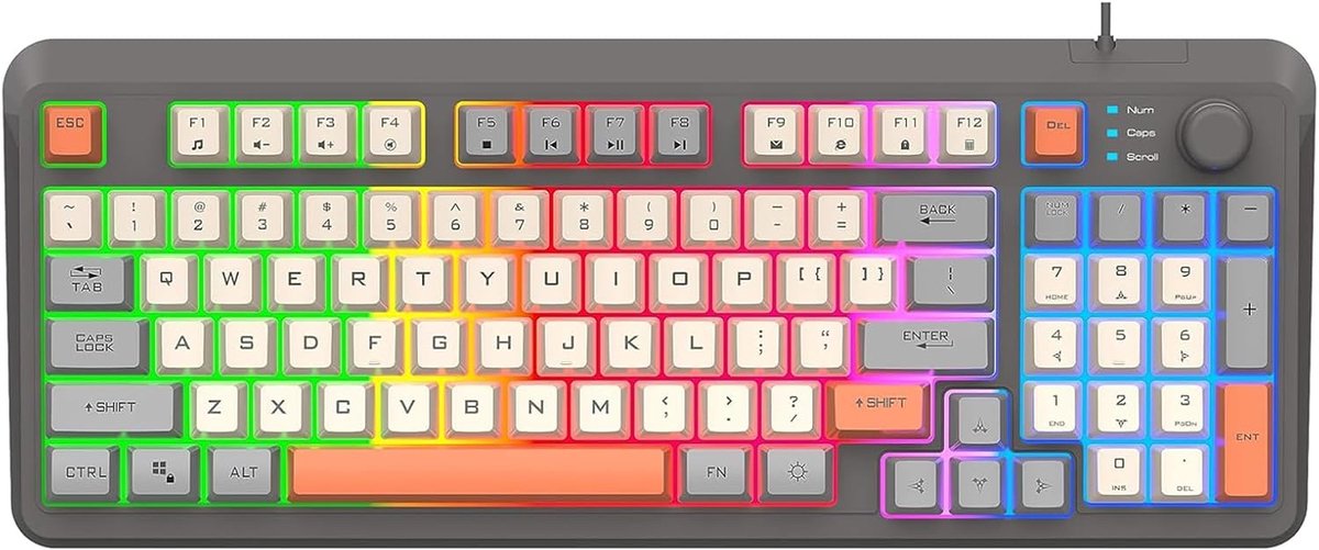 Bedraad Gaming Toetsenbord met 94 Toetsen Mechanische 3 Kleuren Gemengde Keycaps Cool Verlichting Effect Verstelbare Beugel Multimedia Functie voor PC Computer (Grijs)