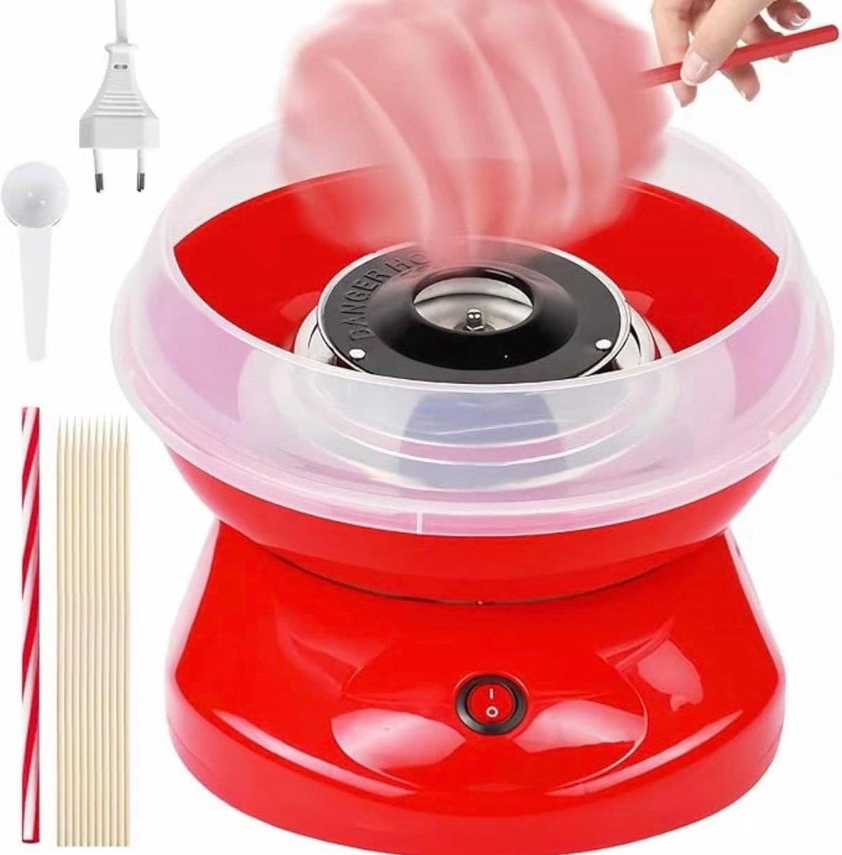 Suikerspinmachine met maatbeker en staafjes, ideaal voor feestjes en evenementen, rood