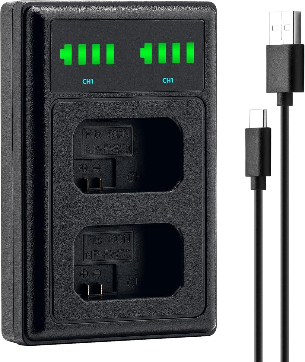 Oplader voor accu NP-FW50 (USB Dual) - compatibel met Sony ZV-E10 ILCE Alpha 6000 6100 6300 6400 6500 A33 A35 A37 A55 | 7 7II 7R 7RII 7S II III | DSC RX10 | NEX enz. w w