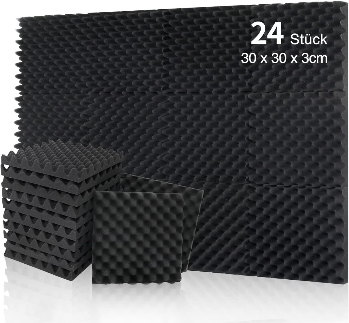 Panelen, geluiddempende panelen voor aan wand of plafond, met eierdoosvorm, voor opnamestudio, kantoor, thuis, 30 x 30 x 3 cm, 24 stuks, zwart