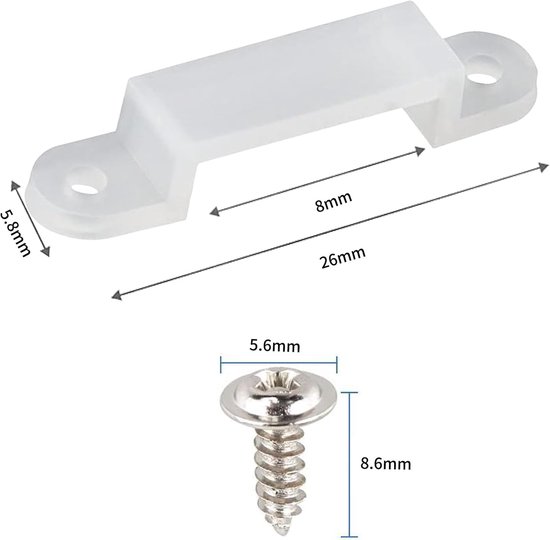 10Packs strip licht montagebeugels, elk pakket bevat 5 stuks transparante bevestigingsclips en 10 stuks schroeven, bevestigd aan beide zijden, voor 8 mm brede strip lichten, totaal 150 stuks — afbeelding 2