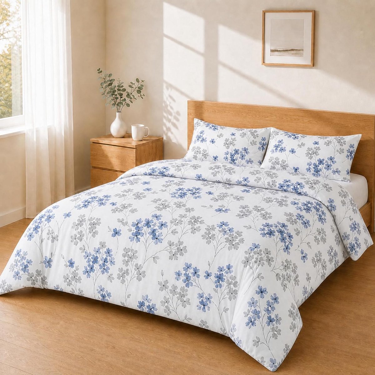 Dekbedovertrek 200x200 + 50x80 2PCS, Aquarel Bloemen Blauw Grijs