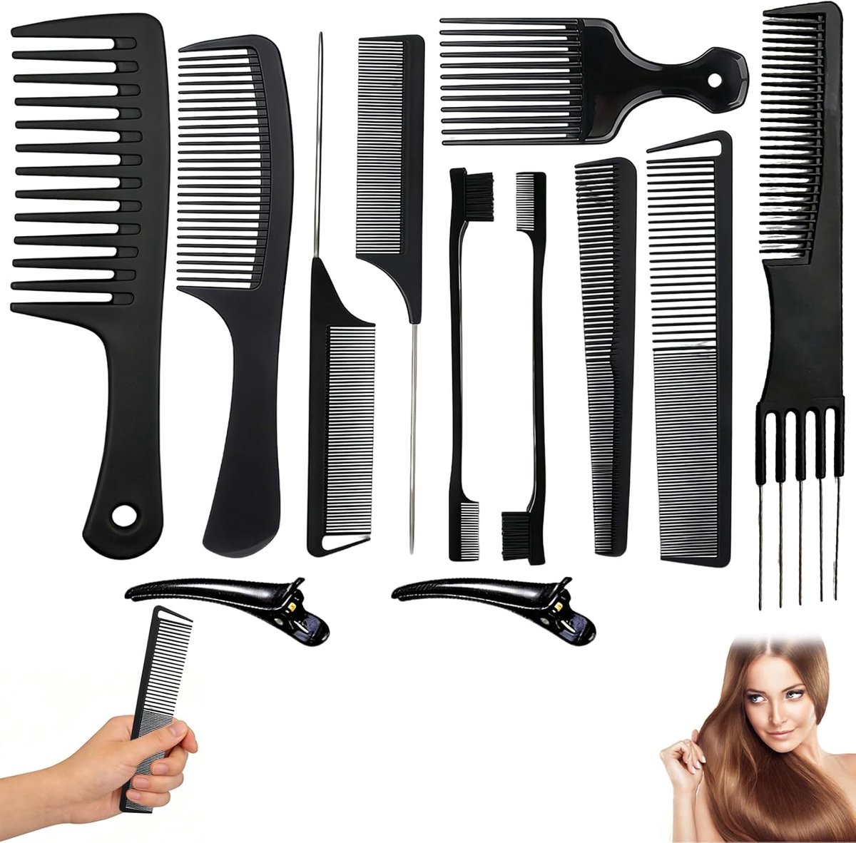 Stylingkammenset met 12 stuks, Afro-kam, haarknipkam, stylingtool - perfect voor mannen, kappers en kappers, haarlengtes en kapsels