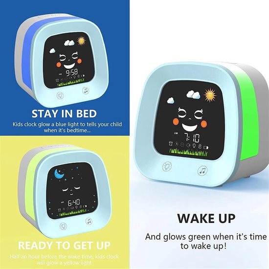 Weerstations - Kinderwekker for kinderen, slaaptrainer for kinderen met 4 kleuren nachtlampje for peuters, slaapgeluidsmachine, blauw,for Home Garden — afbeelding 4