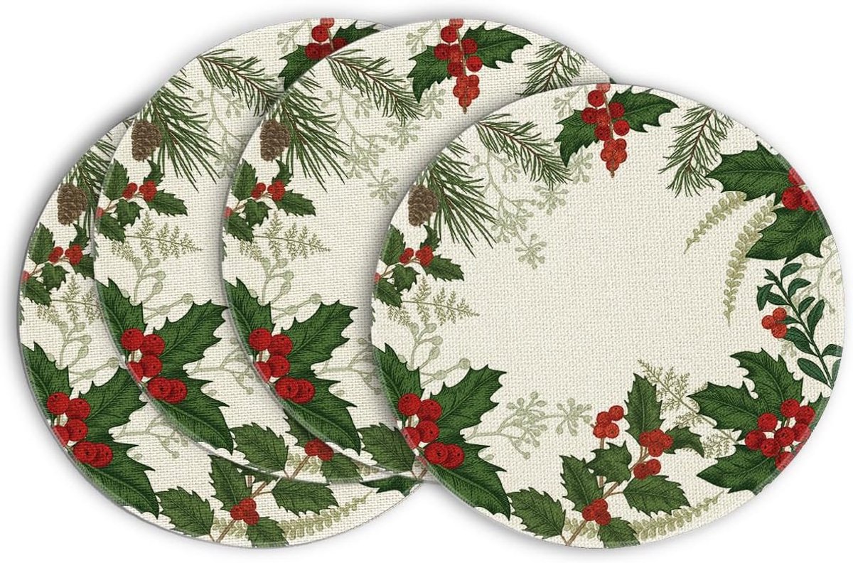 4 stuks - placemats - 35 cm - Kerstplacemats - Placemats met hulsttakkenpatroon - Ronde kerstplacemats - Winterplacemats - Placemats in vintage stijl - Kerstdecoraties - Restaurantdecoraties - Feestdagendecoraties