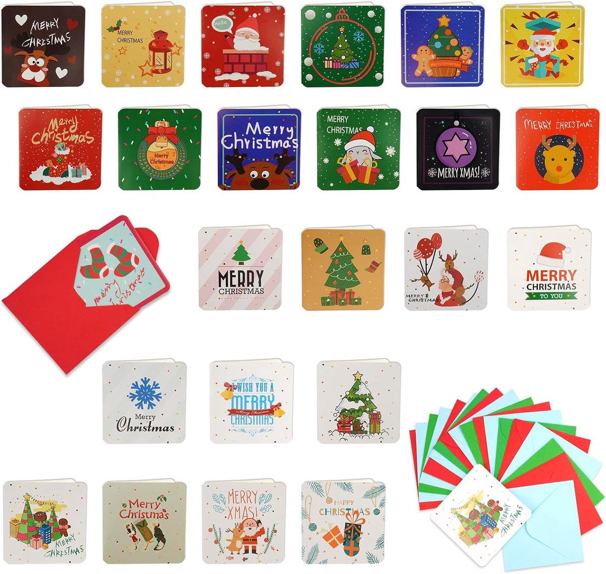 24 stuks kerstkaartenset, kleine kerstkaarten met envelop, 7 x 7 cm vouwkaarten Kerstmis, kerstkaarten met schattig patroon, blanco wenskaarten om te schrijven, kerstkaart, ansichtkaarten