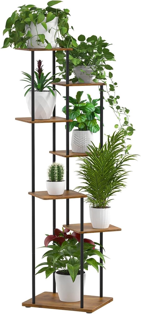 7 niveaus, hout, metaal, bloemenrek, 130 cm, meerdere verdiepingen, plantenstandaard, binnen en buiten, bloementrap voor meerdere planten, bloemenstandaard voor tuin, patio
