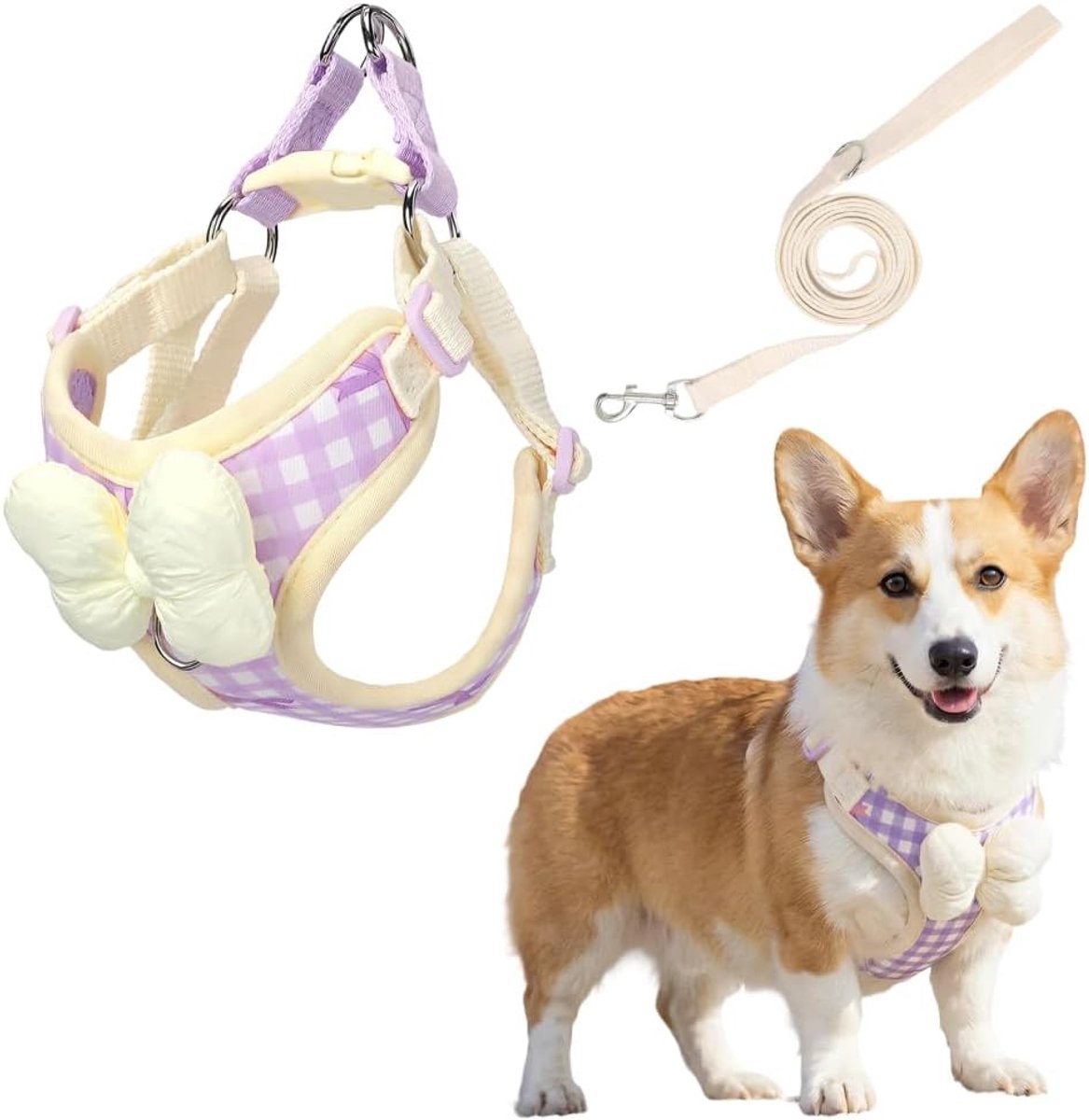 Hondentuig voor kleine honden met riemset, borstharnas voor puppy's, schattig ruitpatroon, ademend zacht mesh, verstelbaar veiligheidsharnas voor bichon, poedel, kat, wandelingen in de open lucht